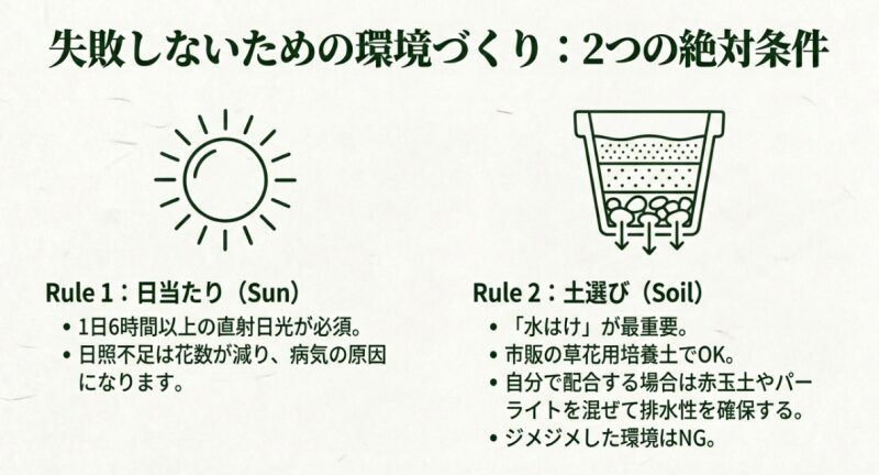 太陽のアイコンと鉢の断面図イラスト。1日6時間以上の直射日光と水はけの良い土が栽培の絶対条件であることを解説するスライド。