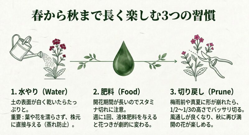 ジョウロでの水やりと剪定バサミのイラスト。春から秋まで長く楽しむための3つの習慣として、適切な水やり、肥料、切り戻しの方法を網羅的に解説。