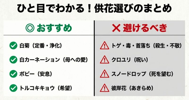 おすすめの花（白菊、白カーネーション、ポピー、トルコキキョウ）と、避けるべき花（トゲ・毒・首落ち、クロユリ、スノードロップ、彼岸花）が対比された表形式の画像。