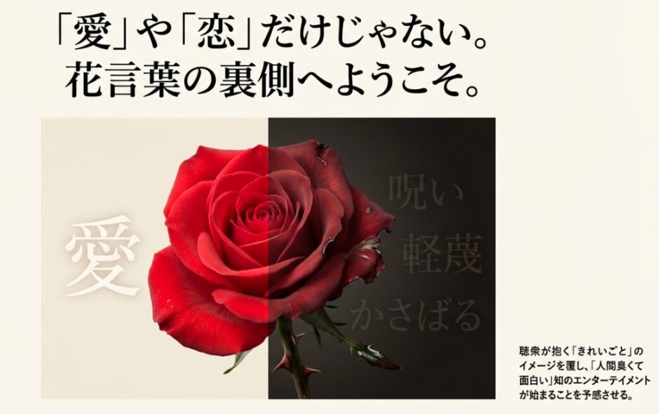 赤いバラの画像が中央で分割され、左側に「愛」、右側の暗い背景に「呪い」「軽蔑」「かさばる」という文字が浮かぶ。「花言葉の裏側へようこそ」というメッセージ 。