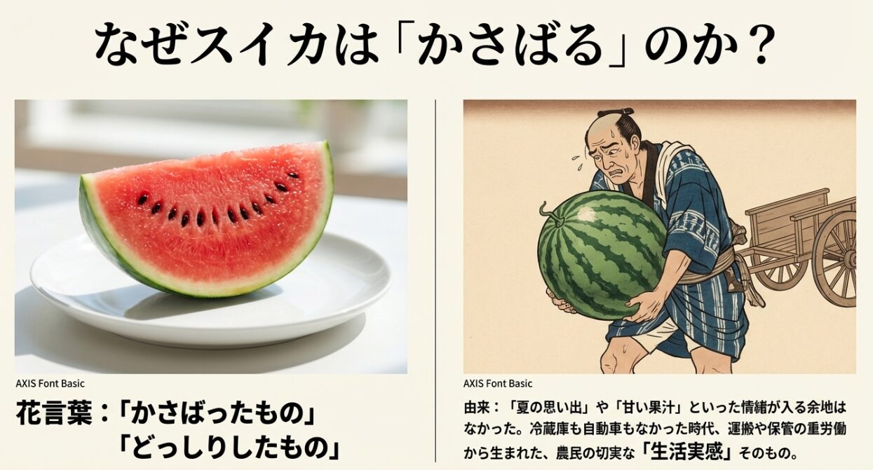 美味しそうなスイカの切り身の写真と、巨大なスイカを運んで汗を流す農民のイラスト。「なぜスイカはかさばるのか？」という問いに対し、冷蔵庫も車もなかった時代の運搬の重労働という生活実感が由来であると解説している 。