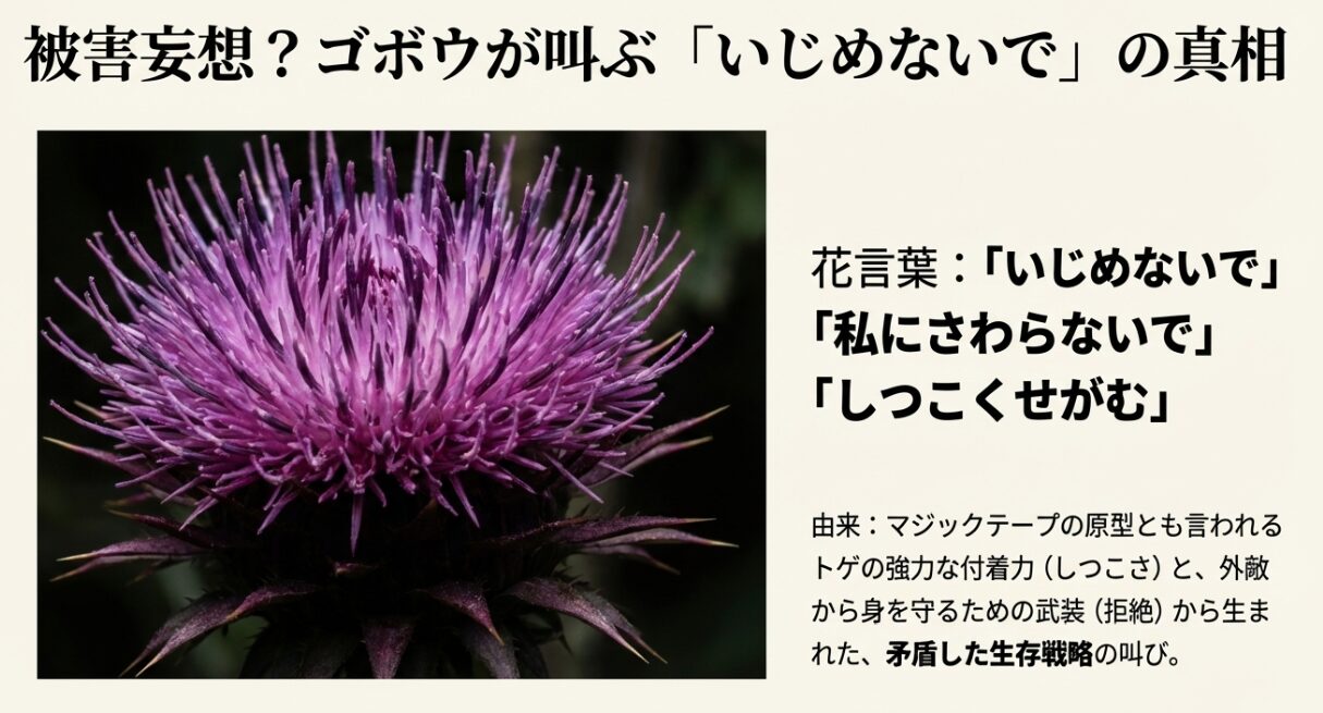 紫色で鋭いトゲを持つアザミに似たゴボウの花の写真。「被害妄想？ゴボウが叫ぶいじめないでの真相」というテキスト。トゲの付着力（しつこさ）と防御（拒絶）という矛盾した生存戦略が由来であることを解説 。