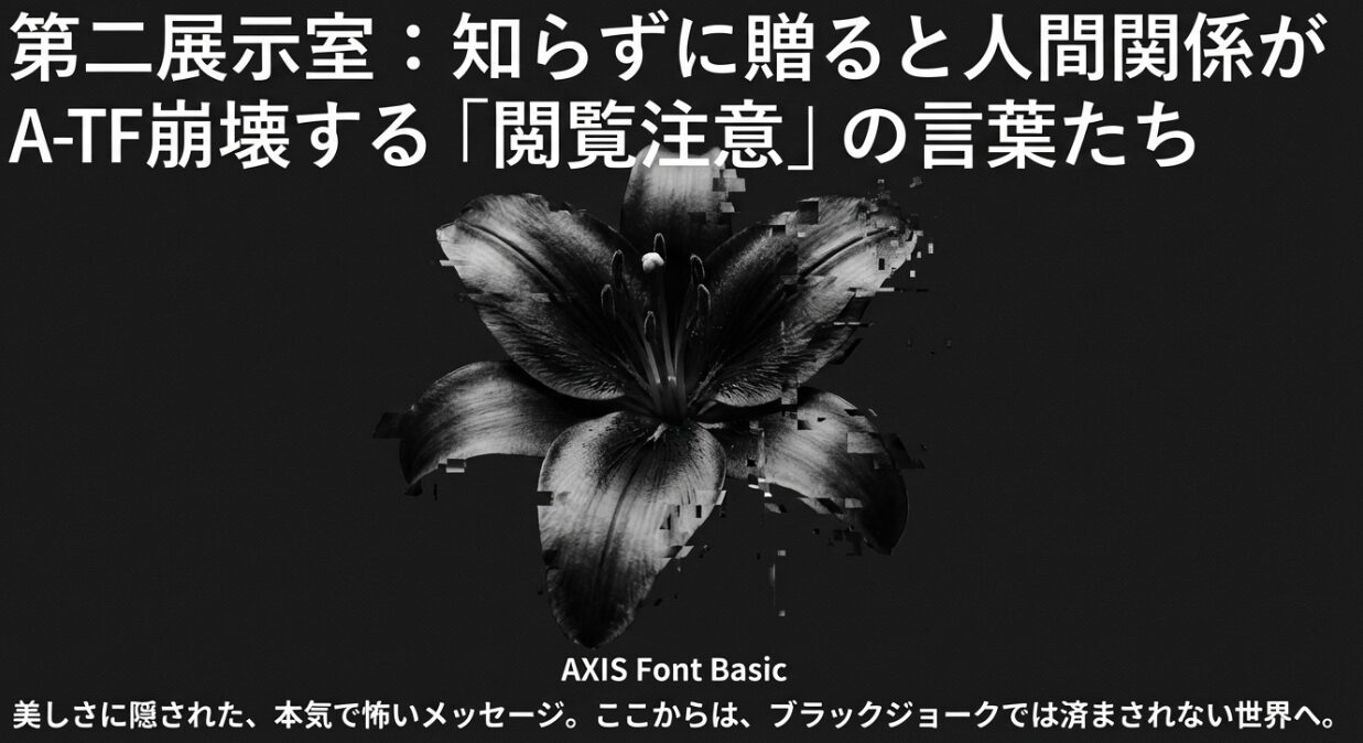 モノクロ調で表現された暗いユリの花。「第二展示室：知らずに贈ると人間関係が崩壊する閲覧注意の言葉たち」という警告文。美しさに隠された本気で怖いメッセージについてのスライド 。