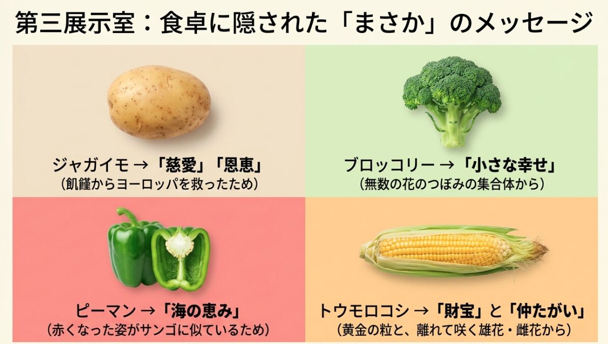 「第三展示室：食卓に隠されたまさかのメッセージ」というリスト。ジャガイモ（慈愛）、ブロッコリー（小さな幸せ）、ピーマン（海の恵み）、トウモロコシ（財宝と仲たがい）の花言葉とその由来を一覧で紹介 。