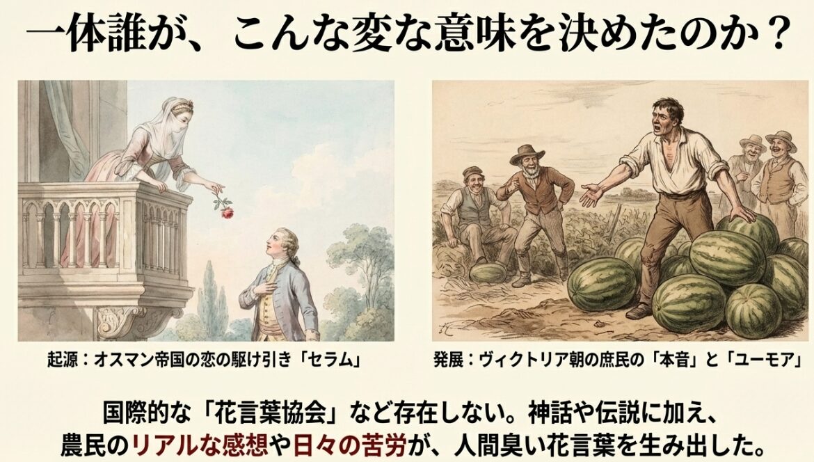 バルコニーで花を捧げる貴族のイラストと、農作業中に笑い合う農民たちのイラスト。「一体誰が、こんな変な意味を決めたのか？」という問いに対し、オスマン帝国のセラムやヴィクトリア朝のユーモア、農民のリアルな感想が起源であることを解説