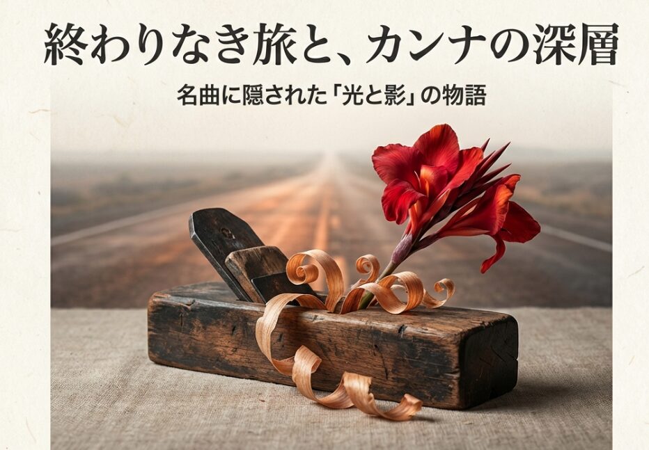 大工道具の鉋（かんな）と赤いカンナの花が並んでいるコラージュ画像。終わりなき旅の楽曲イメージ。