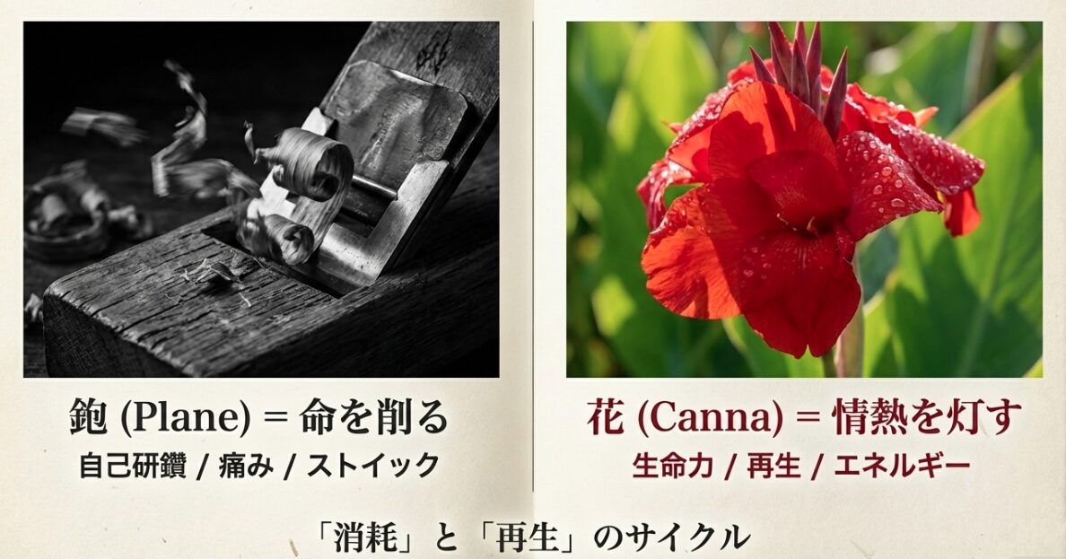 モノクロの大工道具「鉋（Plane）」と鮮やかな赤色の「カンナ（Canna）」の対比画像。命を削るストイックさと情熱を灯す生命力の象徴。