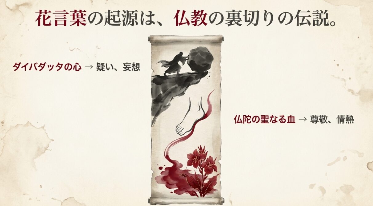 崖から岩を落とすダイバダッタと、仏陀の足から流れた血が赤いカンナの花になる様子を描いた水墨画風イラスト。