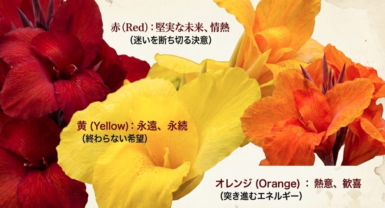 カンナの色別の花言葉リスト。赤は堅実な未来と情熱、黄色は永遠、オレンジは熱意と歓喜を意味する。