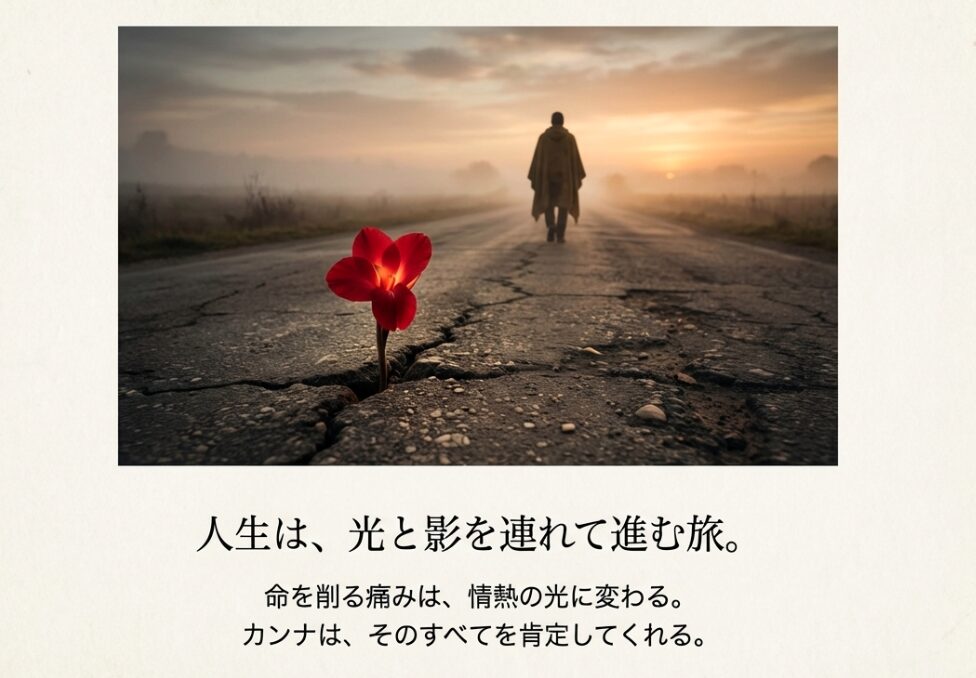 ひび割れた大地から咲く赤い花と、その先の道を歩く人物の後ろ姿。「人生は、光と影を連れて進む旅」というメッセージ画像。
