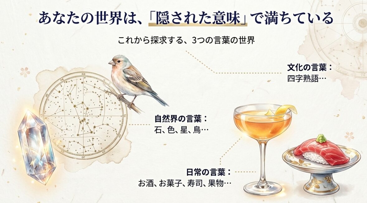 自然界の言葉（石・色・星）、文化の言葉（四字熟語）、日常の言葉（酒・お菓子）の3つのカテゴリーを示す概略図。