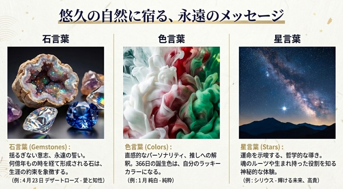 輝く宝石、混ざり合う色彩、天の川の星空の写真と共に、それぞれの言葉が持つ象徴的な意味を紹介するスライド
