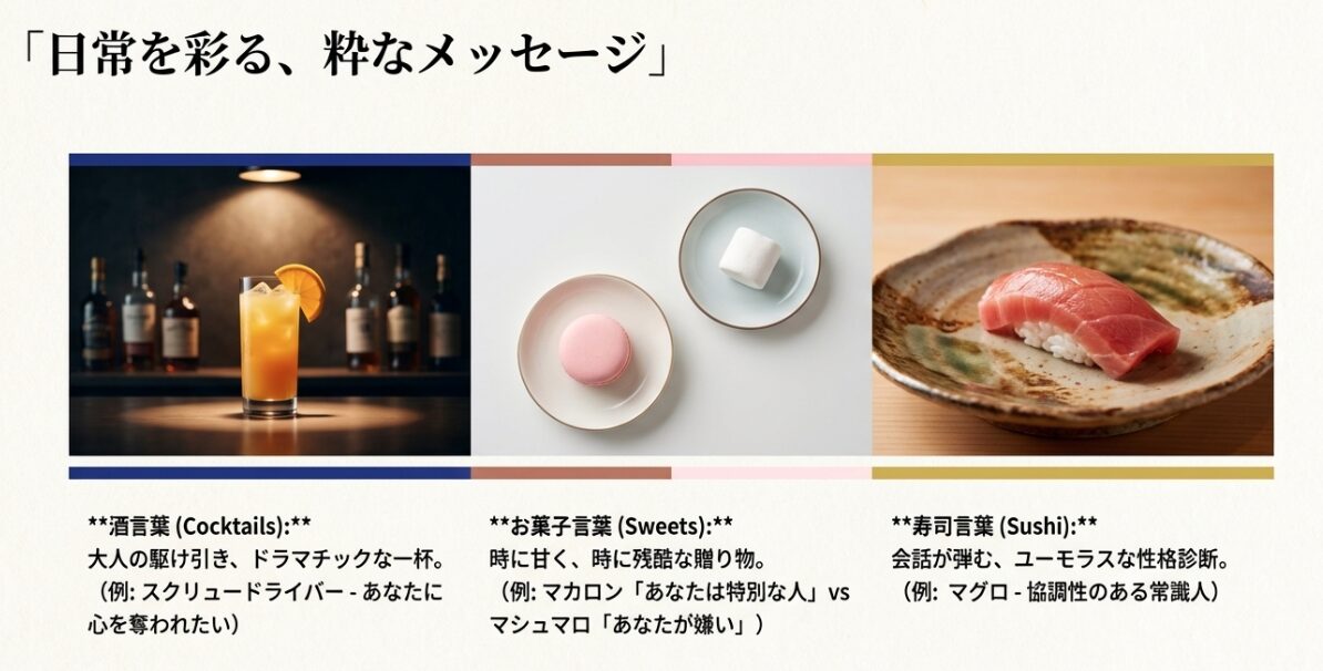 カクテル（酒言葉）、マカロン（お菓子言葉）、寿司（寿司言葉）の写真と共に、日常のギフトや会話で使える粋なメッセージを紹介するスライド