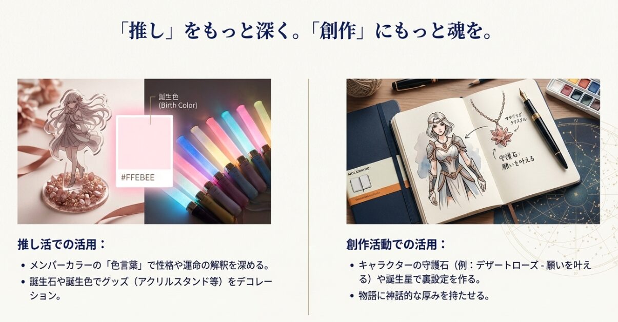 推しのメンバーカラーやキャラクター設定に、誕生色や石言葉を取り入れて意味を持たせる方法を紹介したスライド。アクリルスタンドや創作ノートのイメージ図。