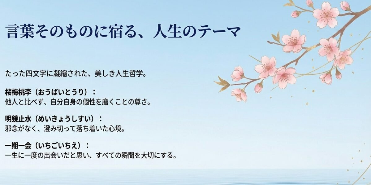 桜梅桃李、明鏡止水、一期一会など、たった四文字に深い意味を凝縮した美しい日本語とその意味を解説したスライド