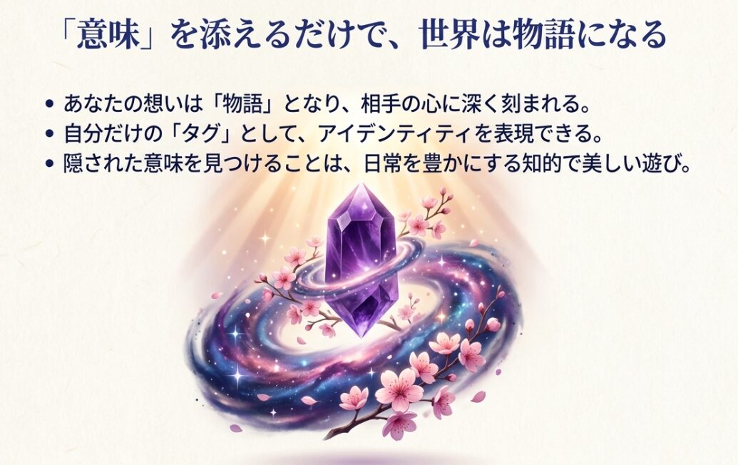 意味を添えることで想いが物語になり、日常が豊かになることを伝える、輝く宝石と花のイメージイラスト
