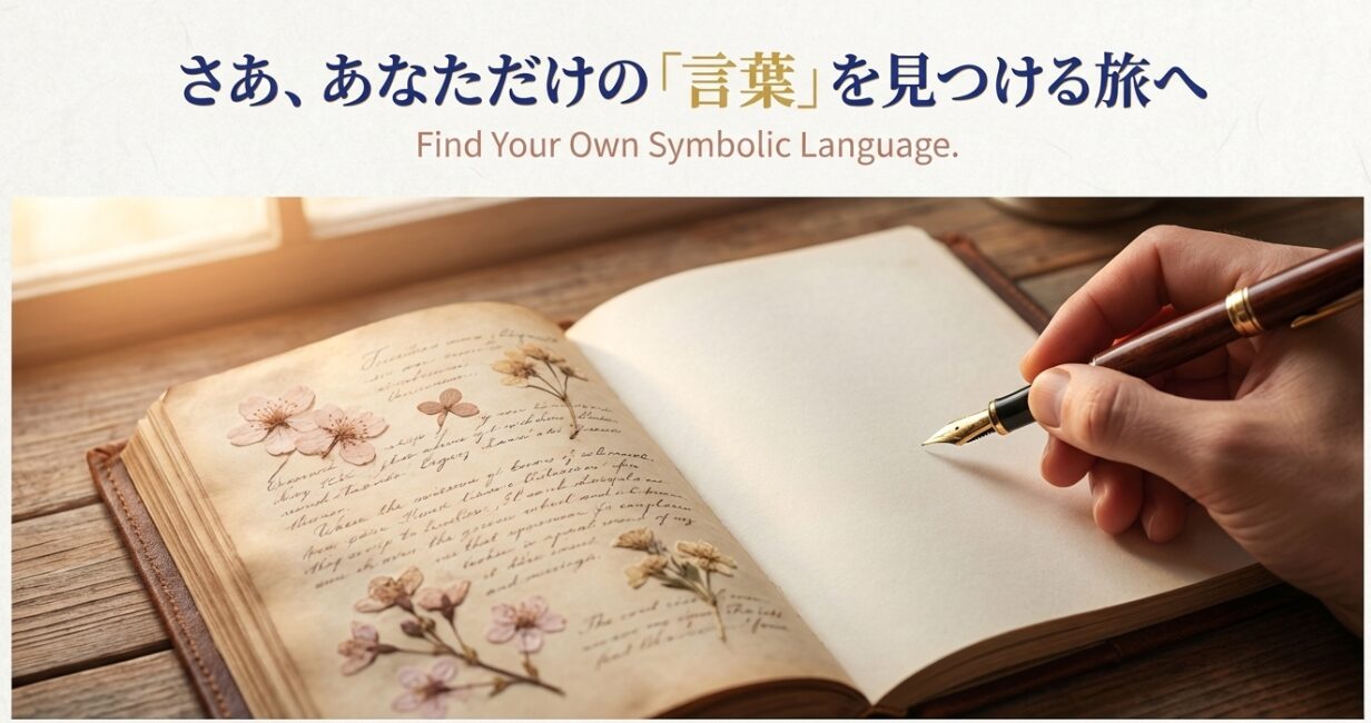 ノートにペンで想いを綴るイメージ写真と共に、読者へ自分だけの言葉を見つけるよう促すメッセージスライド。