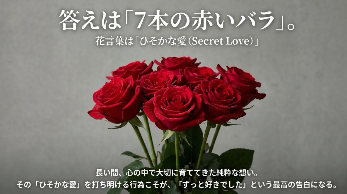 7本の赤いバラの写真。「ひそかな愛」という花言葉と、ずっと好きでしたという告白の意味を解説したスライド