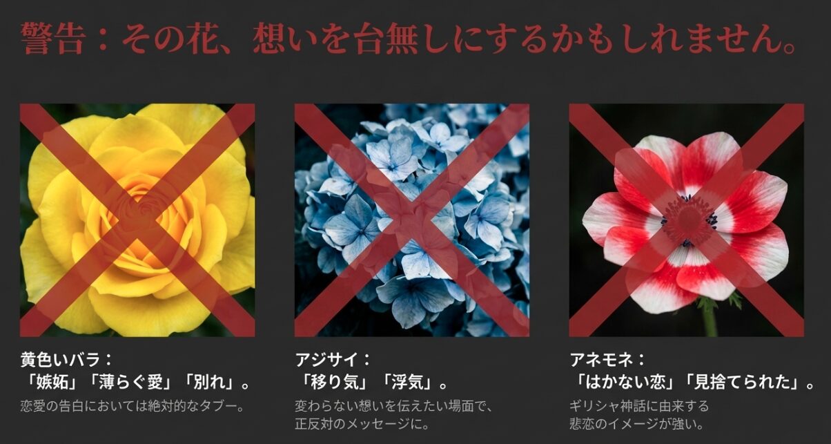 黄色いバラとアネモネに大きくバツ印がついた画像。嫉妬や浮気などのネガティブな意味を持つ花への警告