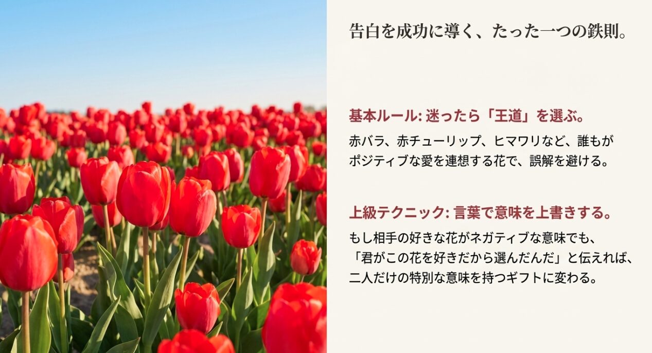 一面に咲く赤いチューリップ。「迷ったら王道を選ぶ」という、誤解を避けるための花選びのアドバイス
