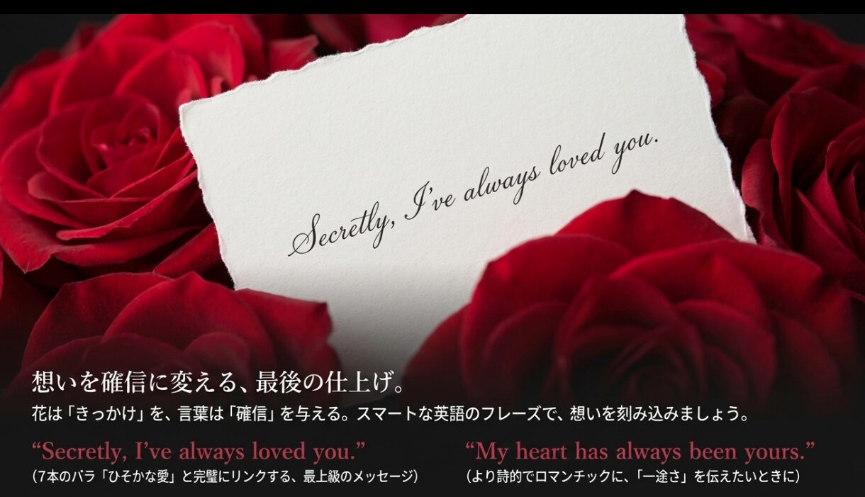 「Secretly, I've always loved you」という英語フレーズ。7本のバラの意味とリンクするメッセージの紹介