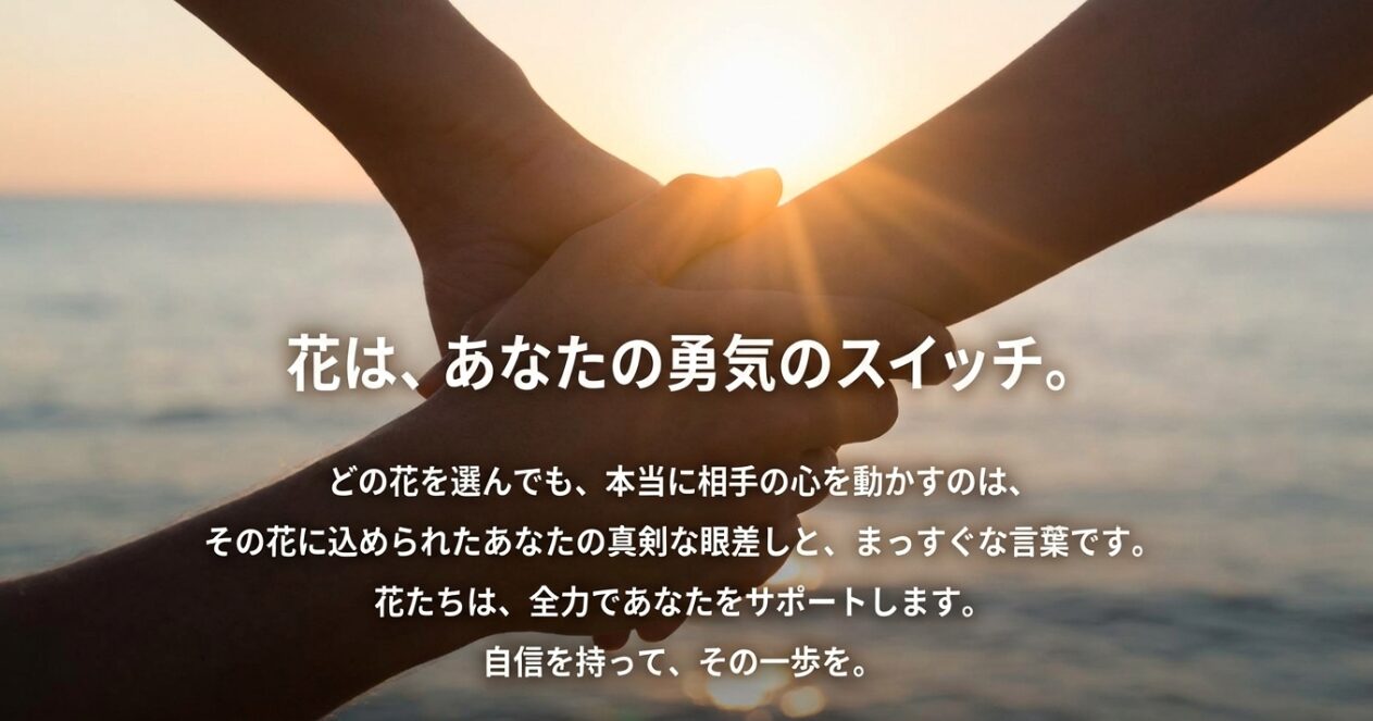「花はあなたの勇気のスイッチ」という応援メッセージ。真剣な眼差しとまっすぐな言葉の重要性を説くスライド