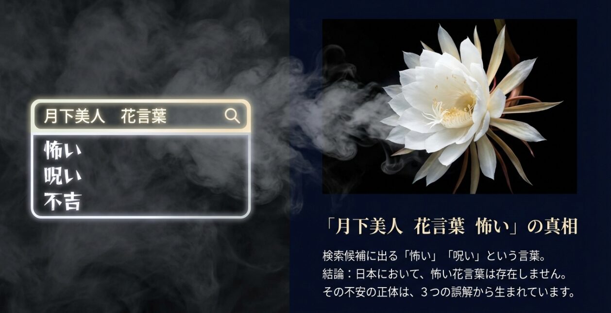 「怖い・呪い・不吉」という検索キーワードに対する解説図。日本には怖い花言葉が存在しないことと、不安の正体である3つの誤解要因をまとめた資料。