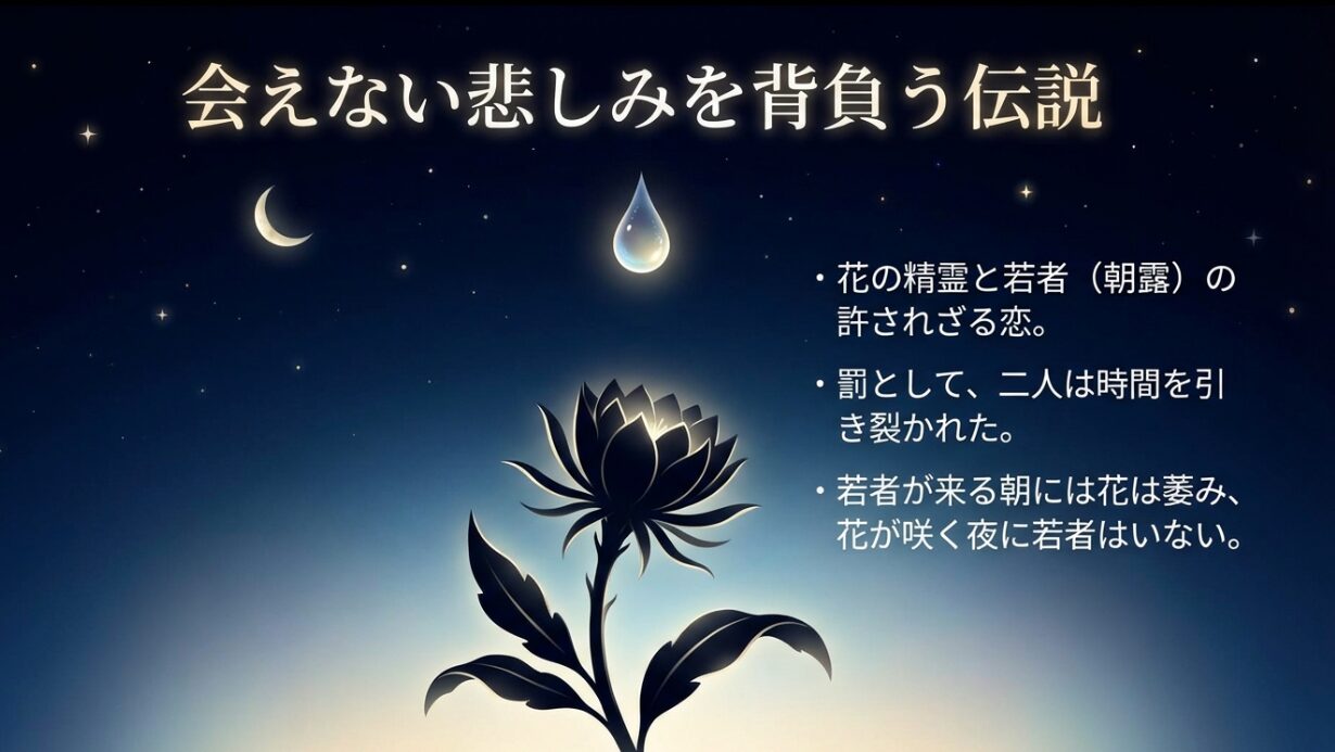 月下美人の精霊と朝露に姿を変えられた若者の悲恋伝説の解説図。時間が引き裂かれ、昼と夜ですれ違い続ける二人の運命を描いたスライド。