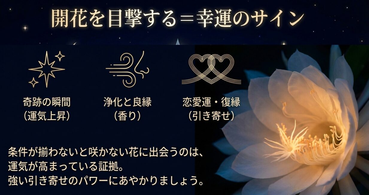 キラキラと輝く星やハートのアイコン。開花を目撃することが幸運のサインであり、浄化や恋愛運、復縁を引き寄せるパワーがあることを示した図解。