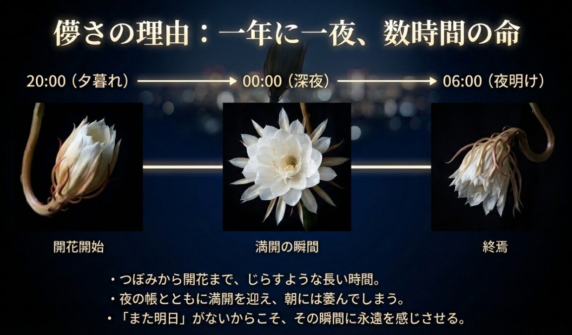 夕暮れの開花開始から深夜の満開、そして夜明けの終焉までの時間経過を示したタイムライン。一年に一夜、数時間しか咲かない儚さの理由を解説