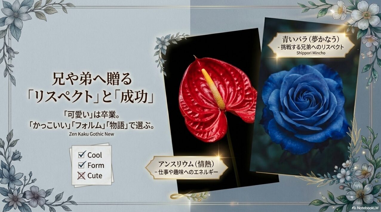 男性へのギフトに最適なアンスリウムの情熱と青いバラの夢