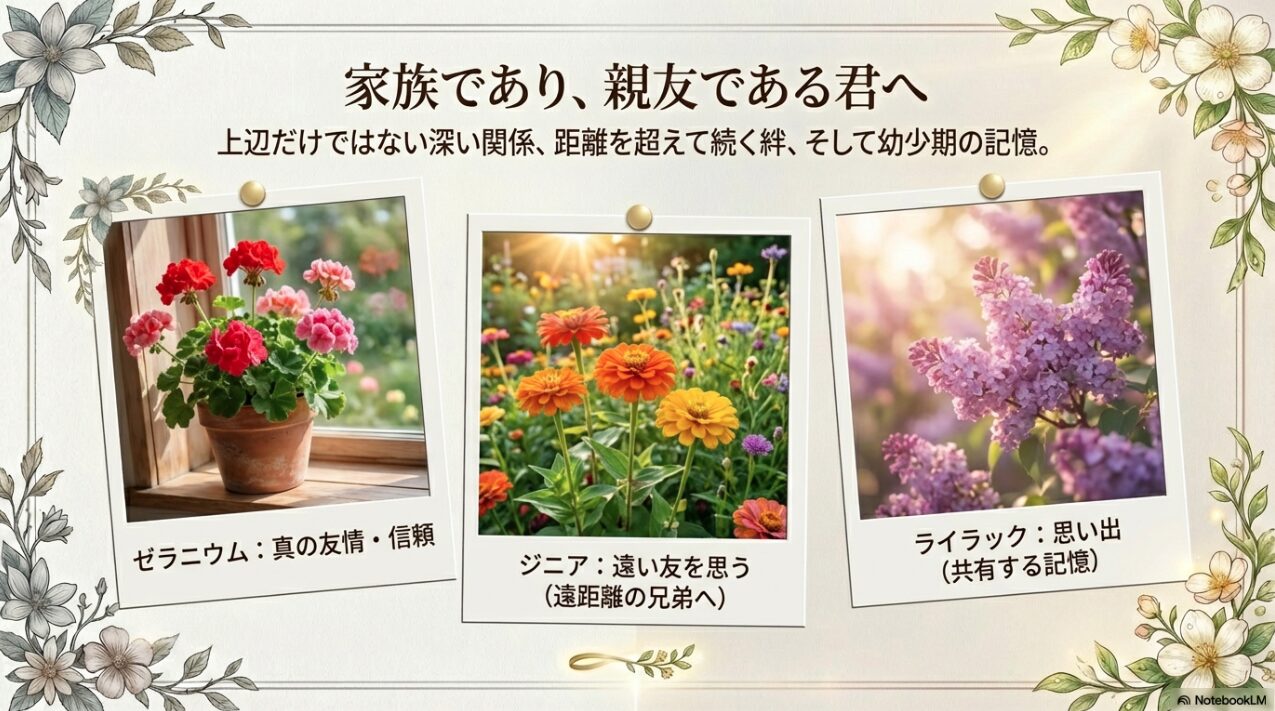 親友のような兄弟へ贈るゼラニウム・ジニア・ライラックの友情の花言葉