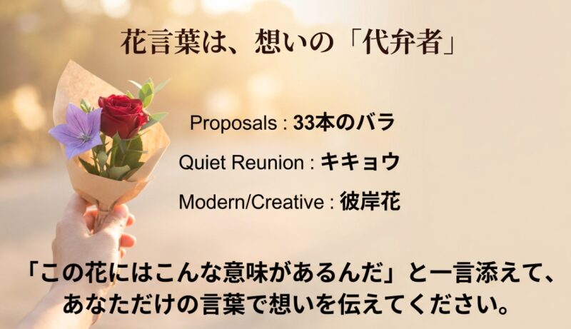 プロポーズや静かな再会など、シーン別に選ぶべき花（33本のバラ、キキョウ、彼岸花）のまとめ