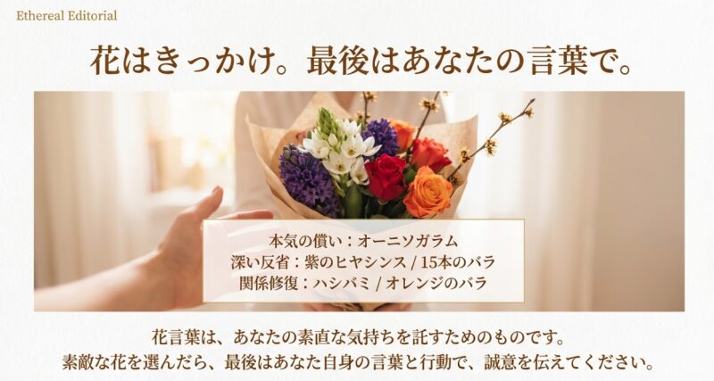 花はきっかけであり最後は言葉で伝えることが大切だと説く、記事の要点をまとめたスライド