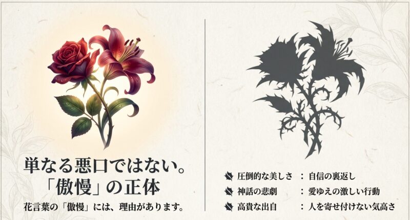 「傲慢」は単なる悪口ではなく、圧倒的な美しさや自信の裏返しであることを解説したスライド