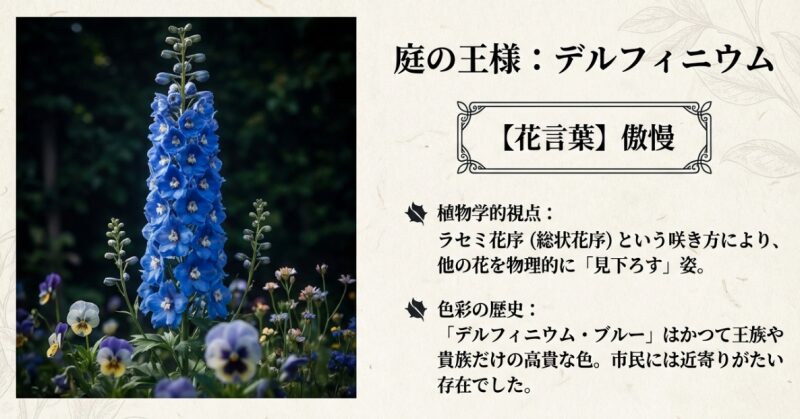青く高くそびえ立つデルフィニウムの写真と、その姿が「傲慢」とされる植物学的な理由(ラセミ花序)を解説したスライド