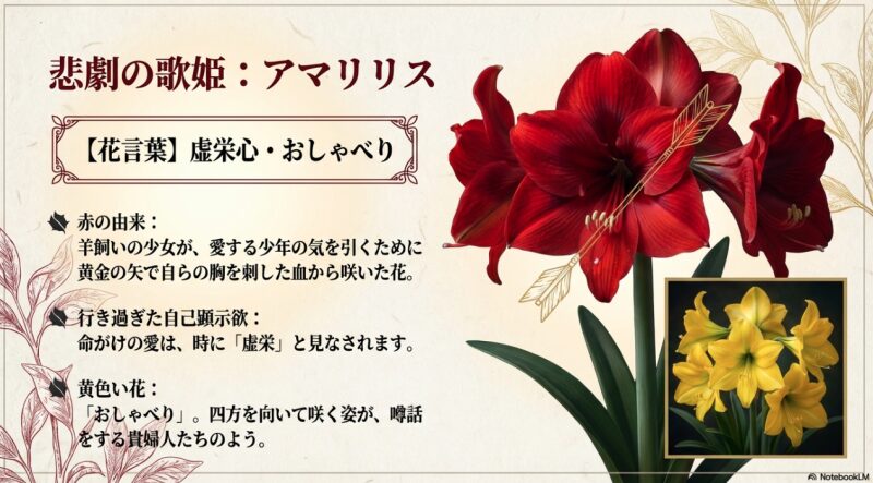 赤いアマリリスの花言葉「虚栄心」の由来となった、自らを傷つけた少女の神話エピソード解説スライド