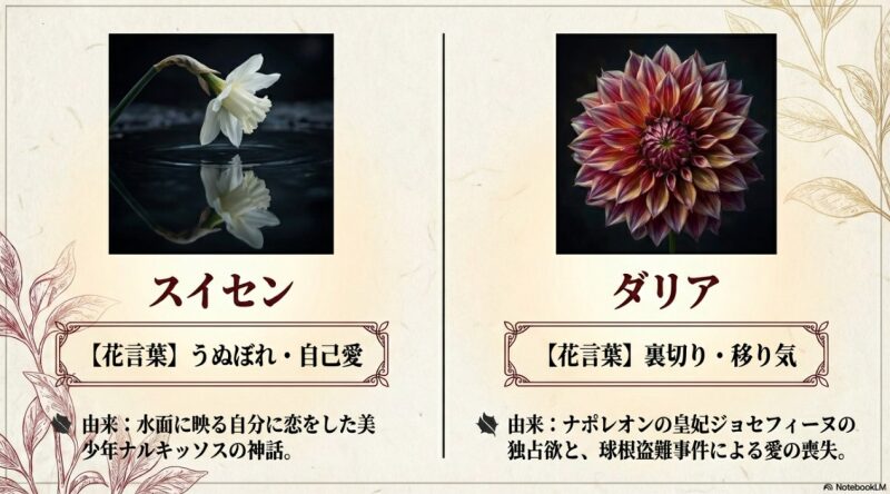 華やかなダリアの「裏切り」と、水辺のスイセンの「うぬぼれ」というネガティブな花言葉を対比させたスライド