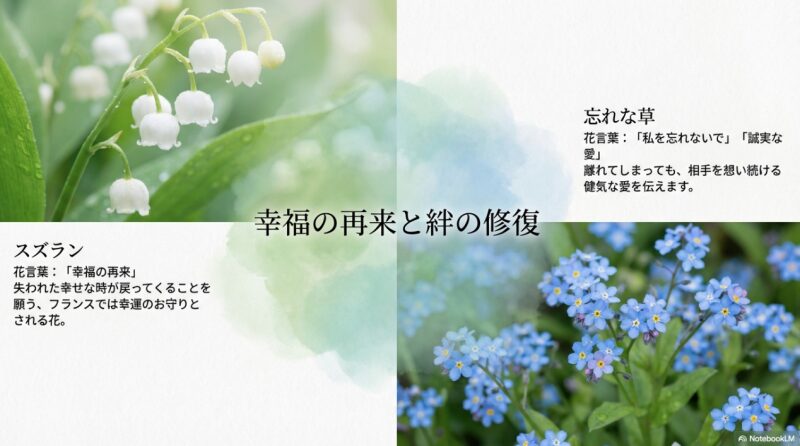 幸福の再来を願うスズランと、私を忘れないでと願う忘れな草の花言葉を解説したスライド