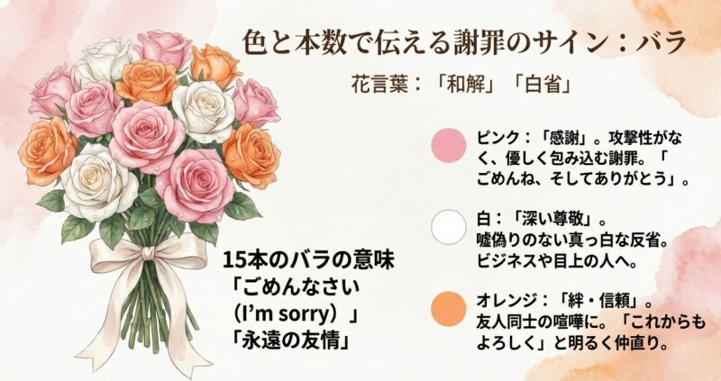 15本のバラが持つごめんなさいの意味や、ピンク・白・オレンジなど色別の謝罪のニュアンスを解説した一覧表