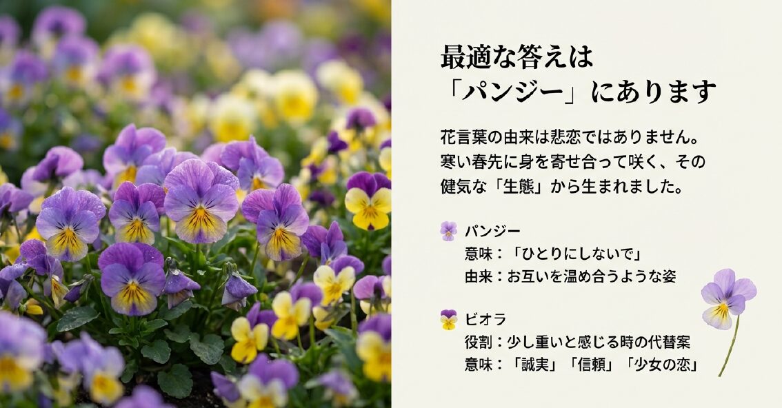 最適な答えはパンジーにあります。花言葉の由来は悲恋ではなく、寒い春先に身を寄せ合って咲く生態から生まれました。少し重いと感じる時は誠実や信頼を意味するビオラが代替案になります。