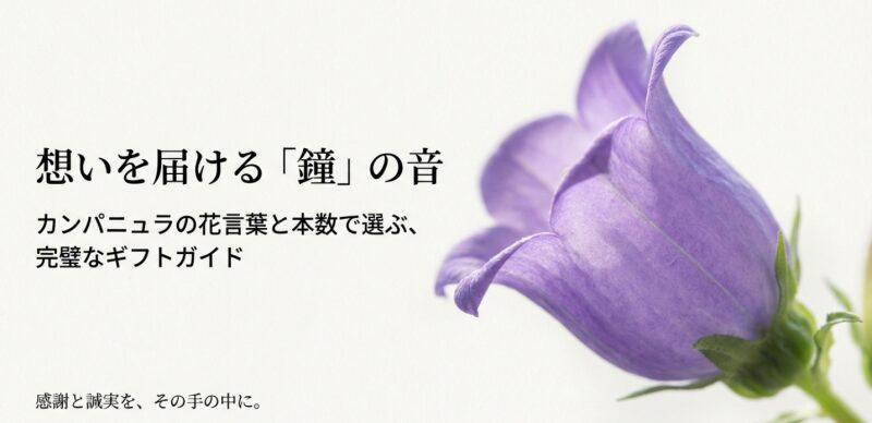 紫色のカンパニュラの花一輪のアップ画像と、「カンパニュラの花言葉と本数で選ぶ、完璧なギフトガイド」というタイトルの表紙スライド。