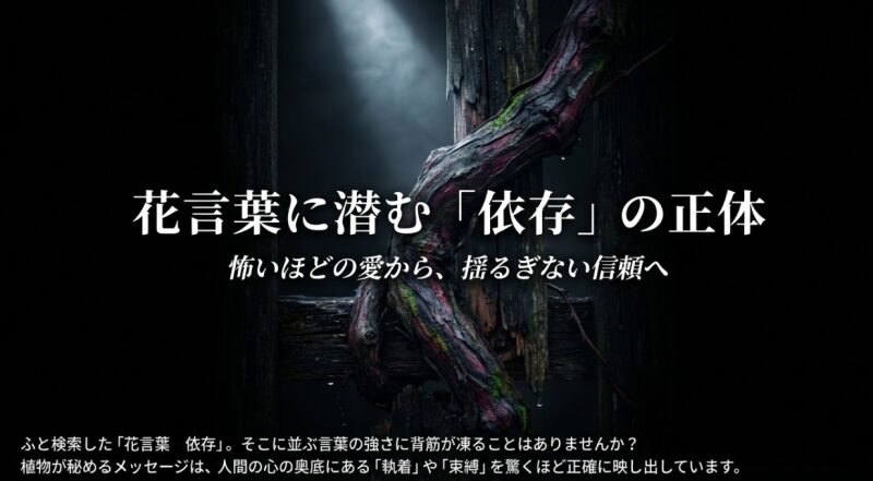 「花言葉に潜む依存の正体」というタイトル。植物が秘めるメッセージが人間の執着や束縛を映し出していることを示唆するスライド資料の表紙。