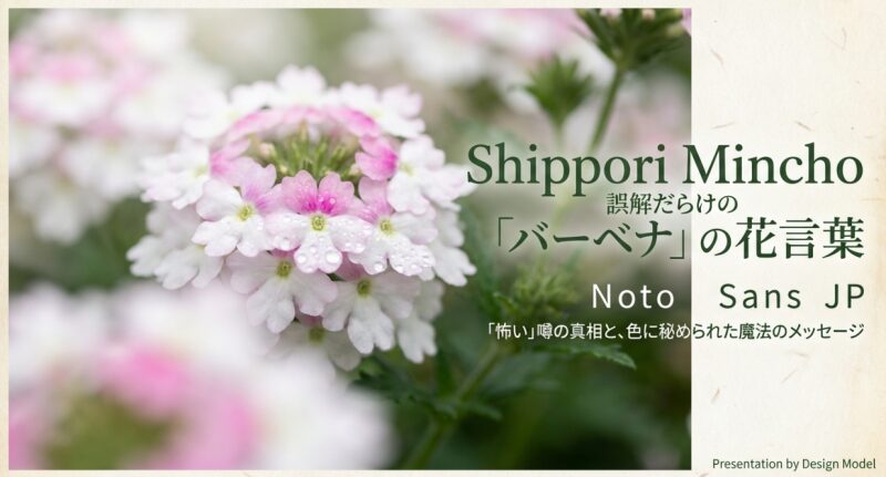 「誤解だらけのバーベナの花言葉」というタイトルと、白いバーベナの花束の写真。怖い噂の真相と色に秘められたメッセージについての解説スライド。