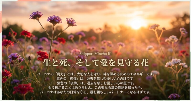 バーベナの魔力と後悔の真実を知り、日常を守るパートナーとして紹介する、まとめのメッセージスライド。