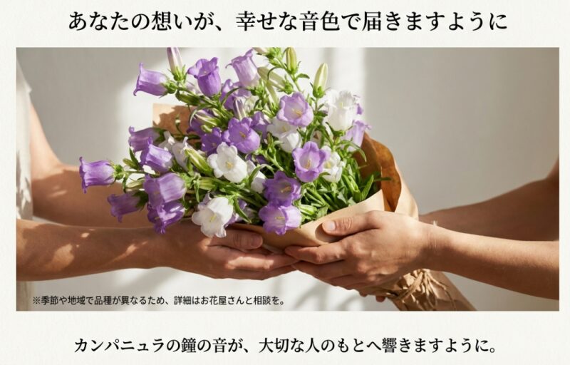 二人の手でカンパニュラの花束を授受している画像。「あなたの想いが、幸せな音色で届きますように」という願いのメッセージ。