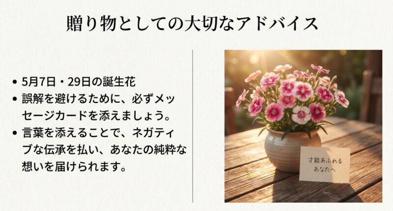 ネガティブな伝承を払い純粋な想いを届けるため、「才能あふれるあなたへ」と書かれたメッセージカードと鉢植え