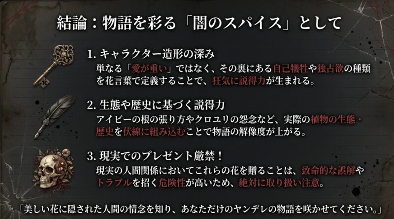 物語を彩る要素として、キャラクター造形の深みや説得力の向上についてまとめ、現実でのプレゼント厳禁の警告を添えた結論のスライド画像
