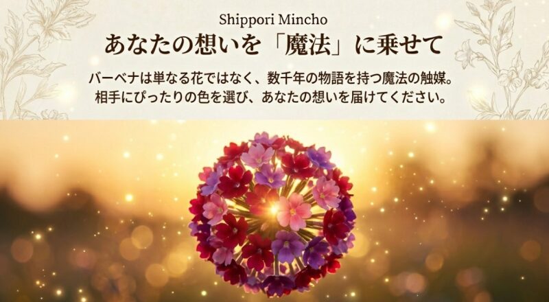 「あなたの想いを魔法に乗せて」というメッセージ。バーベナは物語を持つ魔法の触媒であり、相手にぴったりの色を選んでほしいという結びのスライド。