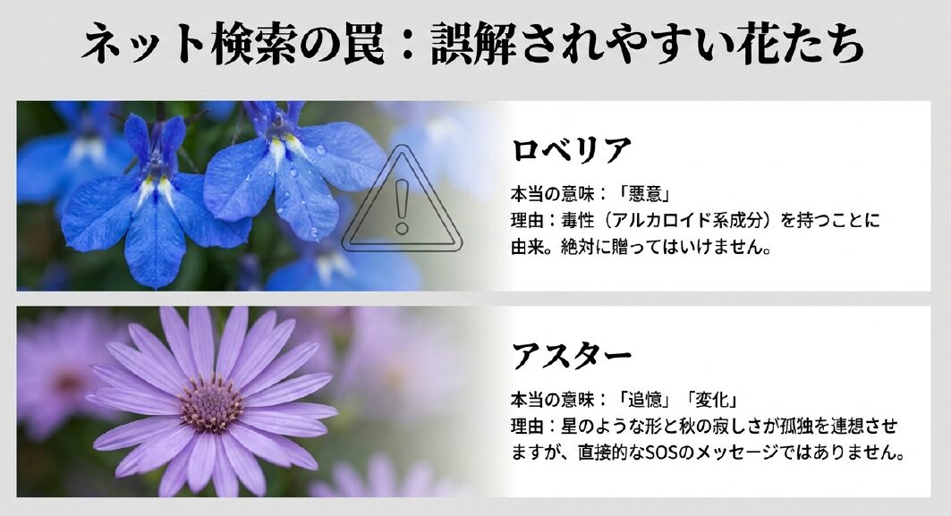 ネット検索の罠として誤解されやすい花たち。青いロベリアの本当の意味は「悪意」であり有毒成分に由来します。紫のアスターは「追憶」「変化」を意味し、直接的なSOSのメッセージではありません。